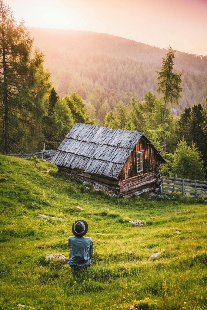 A serene landscape featuring a wooden cabin, lush forest, and vibrant sunset.